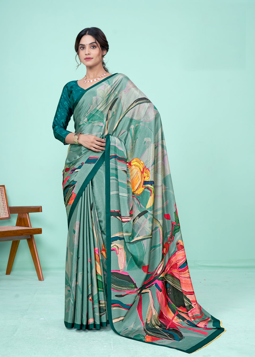 Charming Green Crepe Soft Silk Saree with Green Blouse | Perfect for Special Celebrations