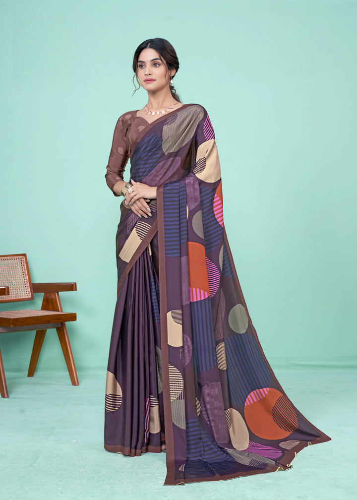 Dark Purple Crepe Soft Silk Saree | Designer Digital Printed