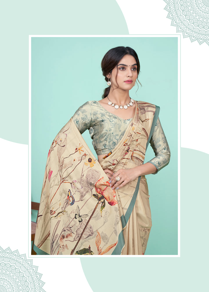 Cream Crepe Soft Silk Party Wear Saree | Designer Digital Printed