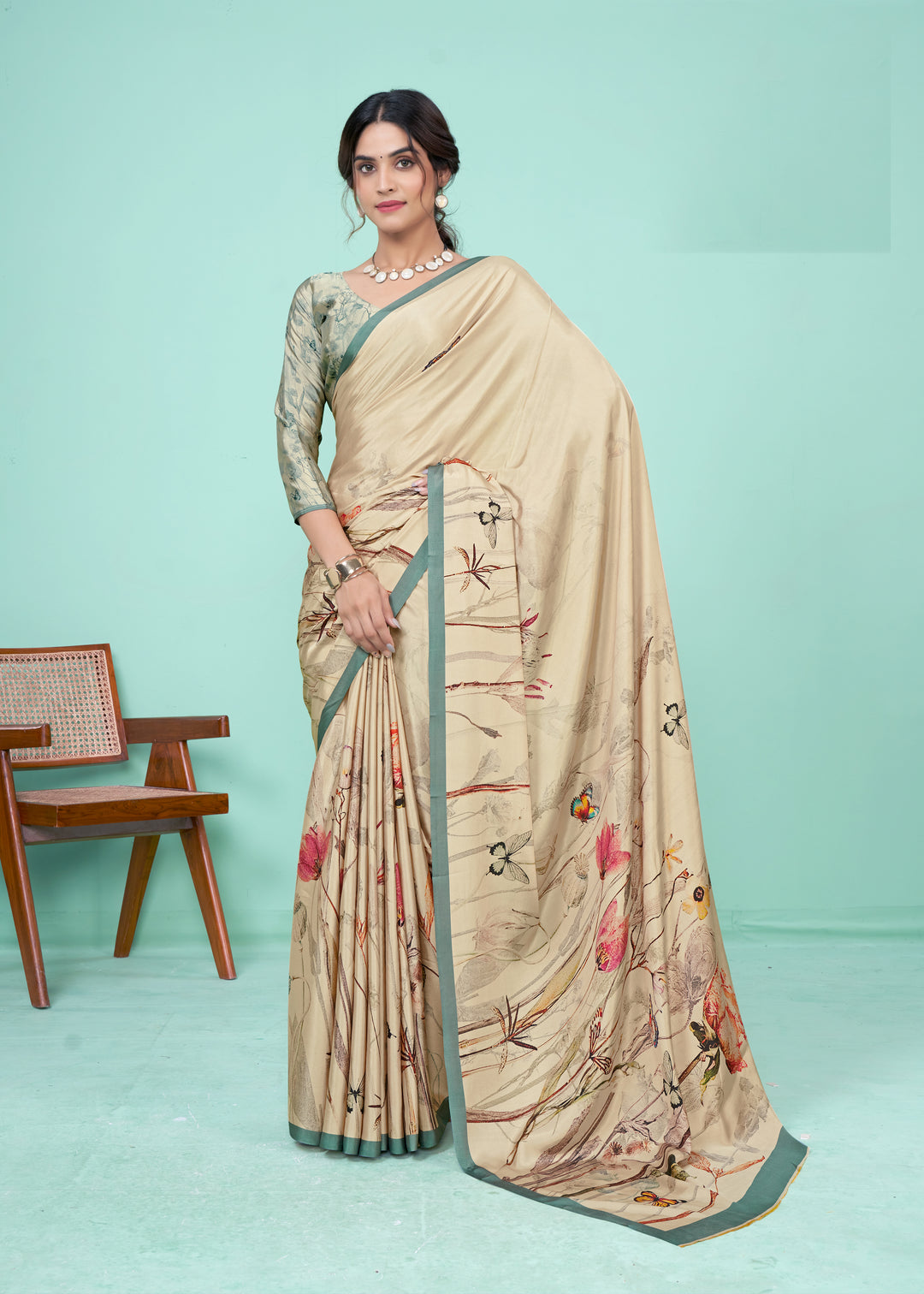 Cream Crepe Soft Silk Party Wear Saree | Designer Digital Printed