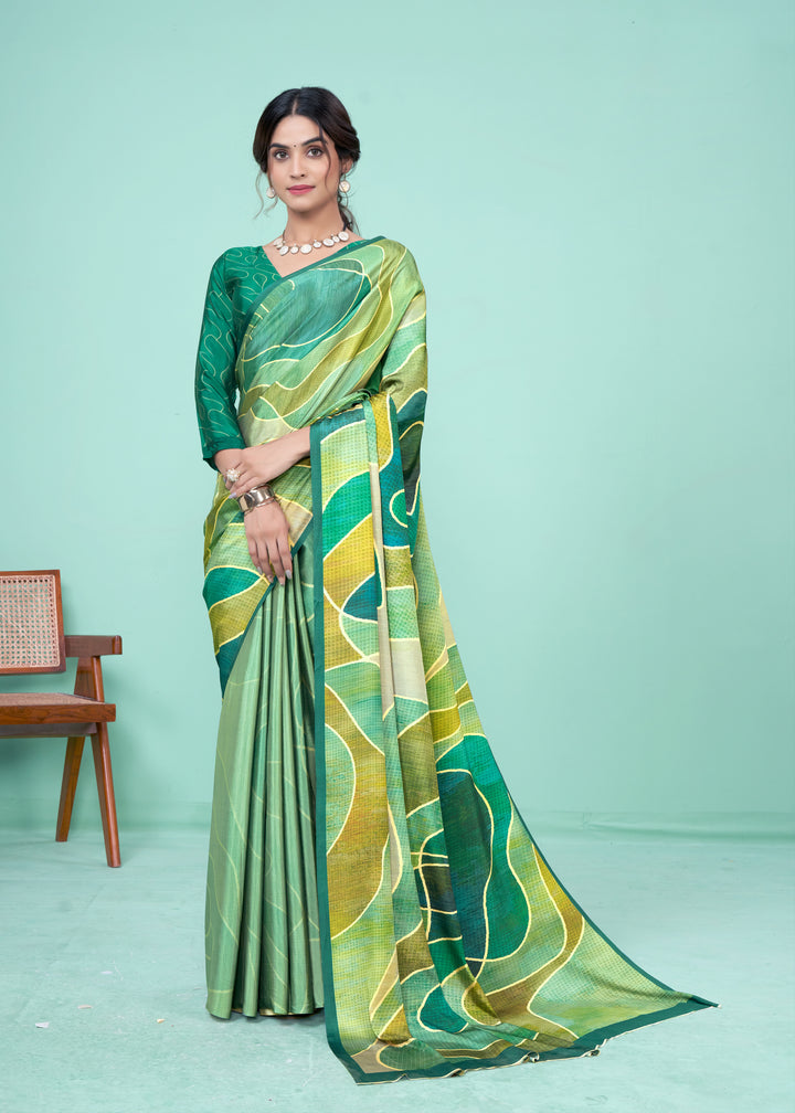 Green Crepe Soft Silk Designer Saree | Digital Printed