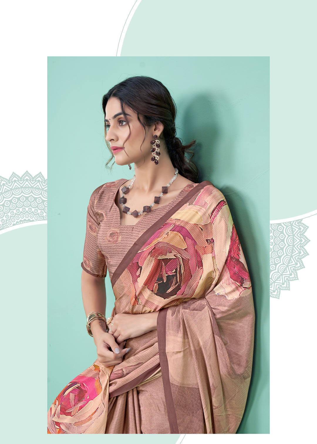 Brown Crepe Soft Silk Party Saree | Designer Digital Printed