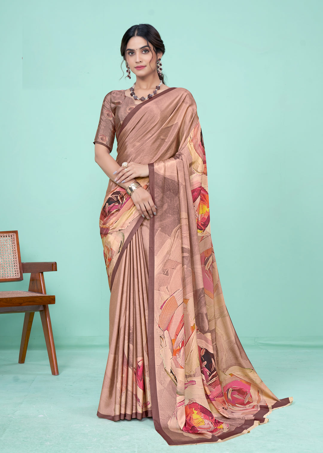 Brown Crepe Soft Silk Party Saree | Designer Digital Printed