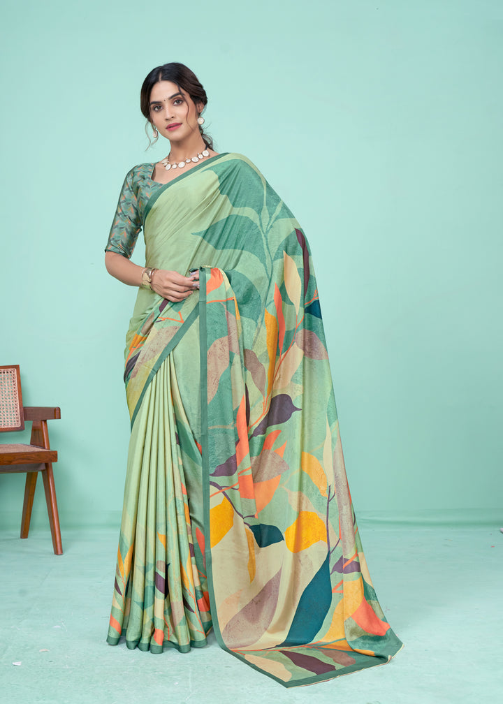 Green Crepe Soft Silk Saree | Digital Designer Party Wear