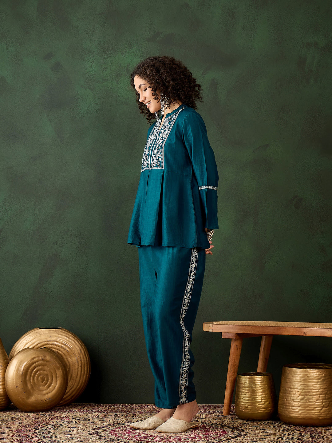 Stylish Teal Co-Ord Set | Chinon Fabric with Embroidered Work