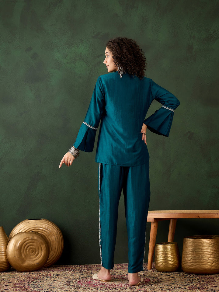 Stylish Teal Co-Ord Set | Chinon Fabric with Embroidered Work