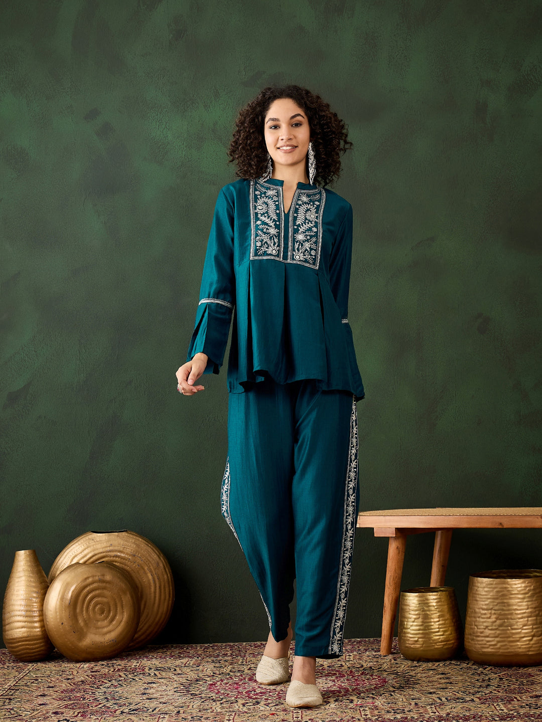 Stylish Teal Co-Ord Set | Chinon Fabric with Embroidered Work