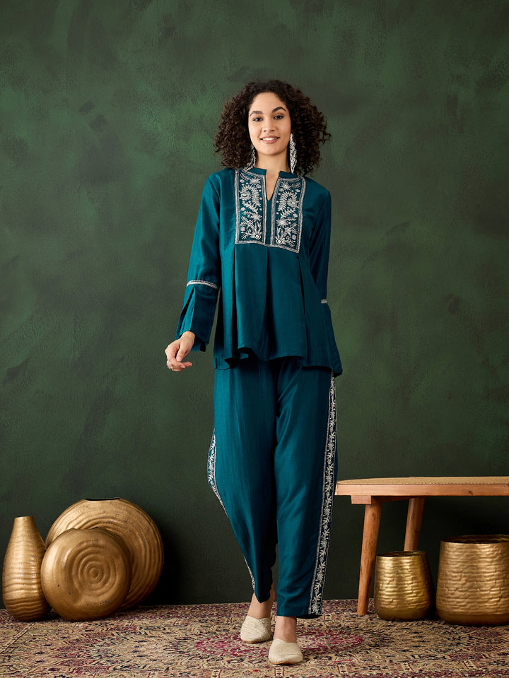 Stylish Teal Co-Ord Set | Chinon Fabric with Embroidered Work