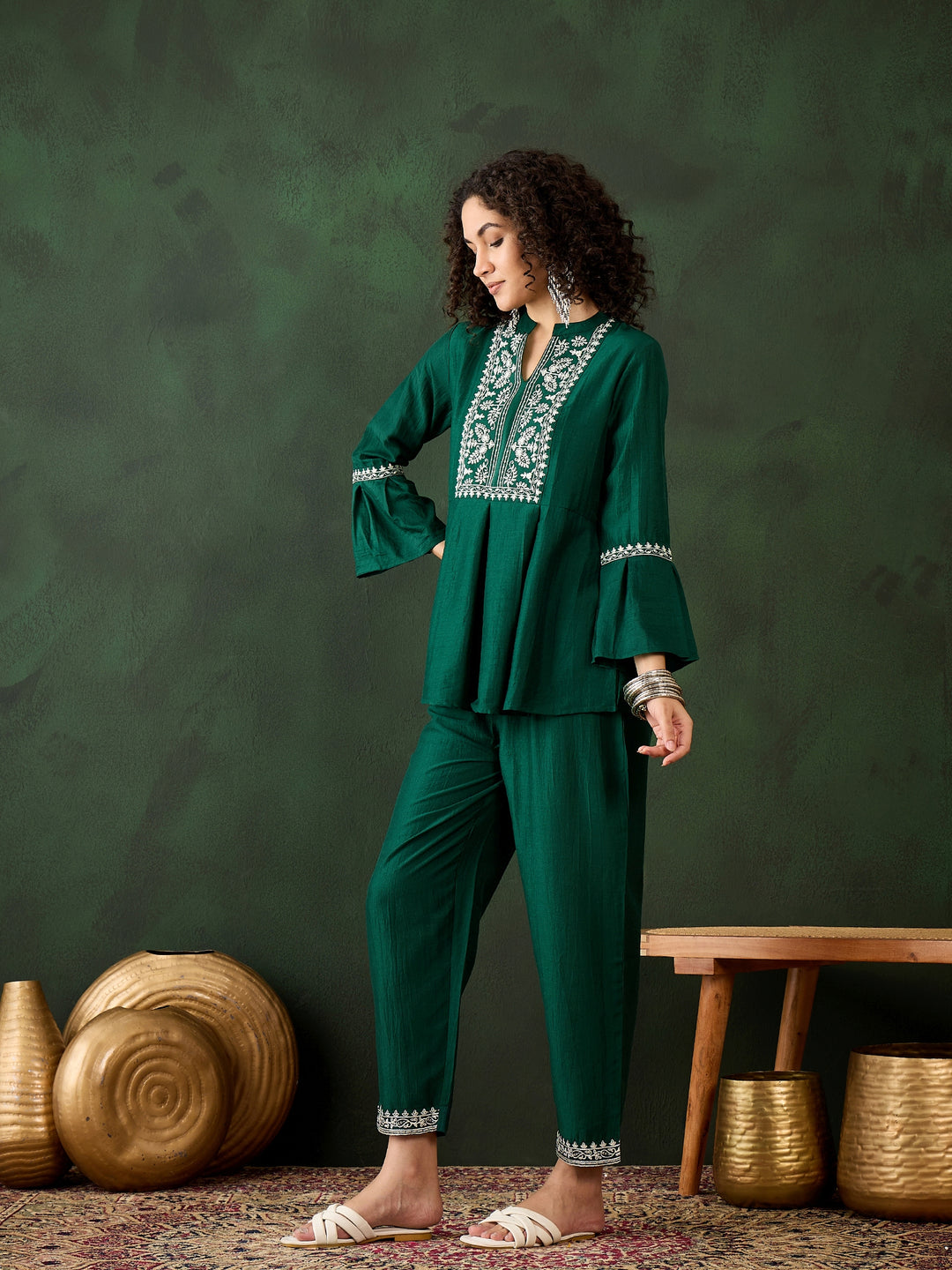 Green Chinon Co-Ord Set | Designer Embroidered Kurti and Bottom