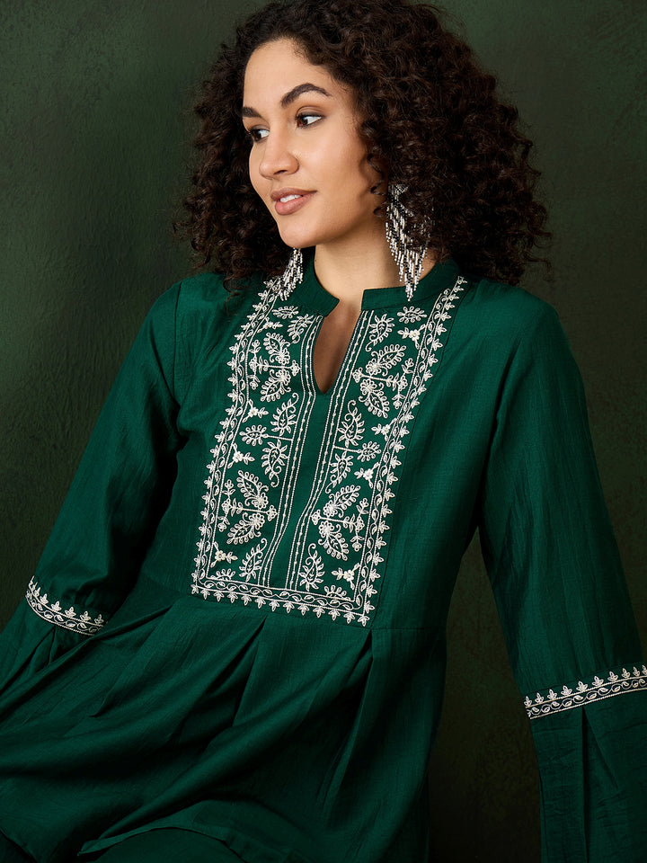 Green Chinon Co-Ord Set | Designer Embroidered Kurti and Bottom