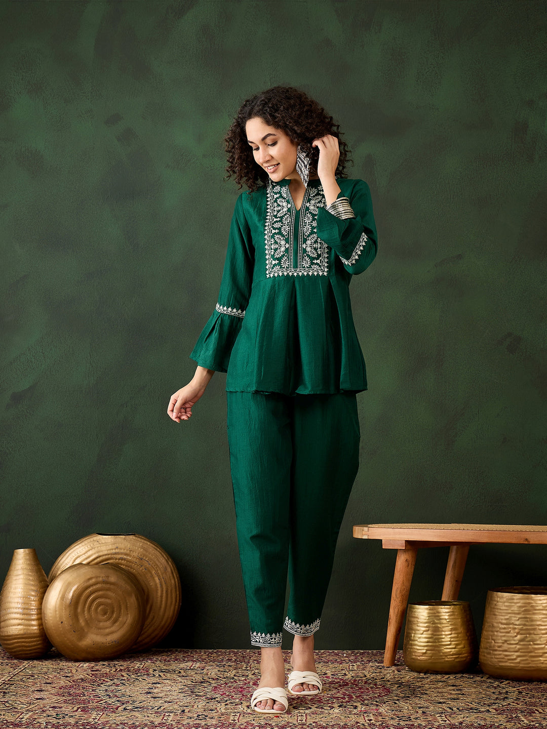 Green Chinon Co-Ord Set | Designer Embroidered Kurti and Bottom