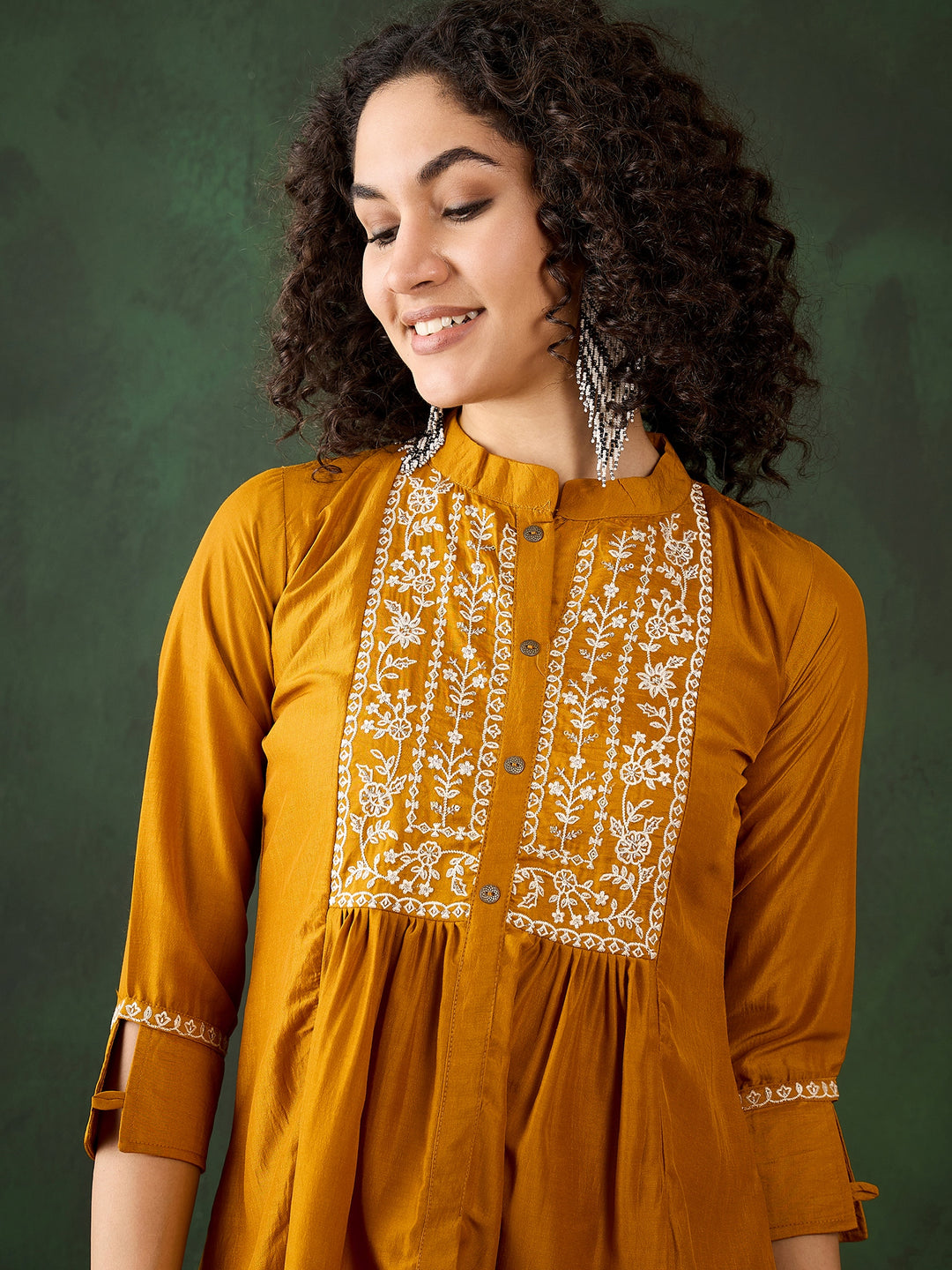 Mustard Chinon Co-Ord Set | Designer Embroidered Kurti and Bottom