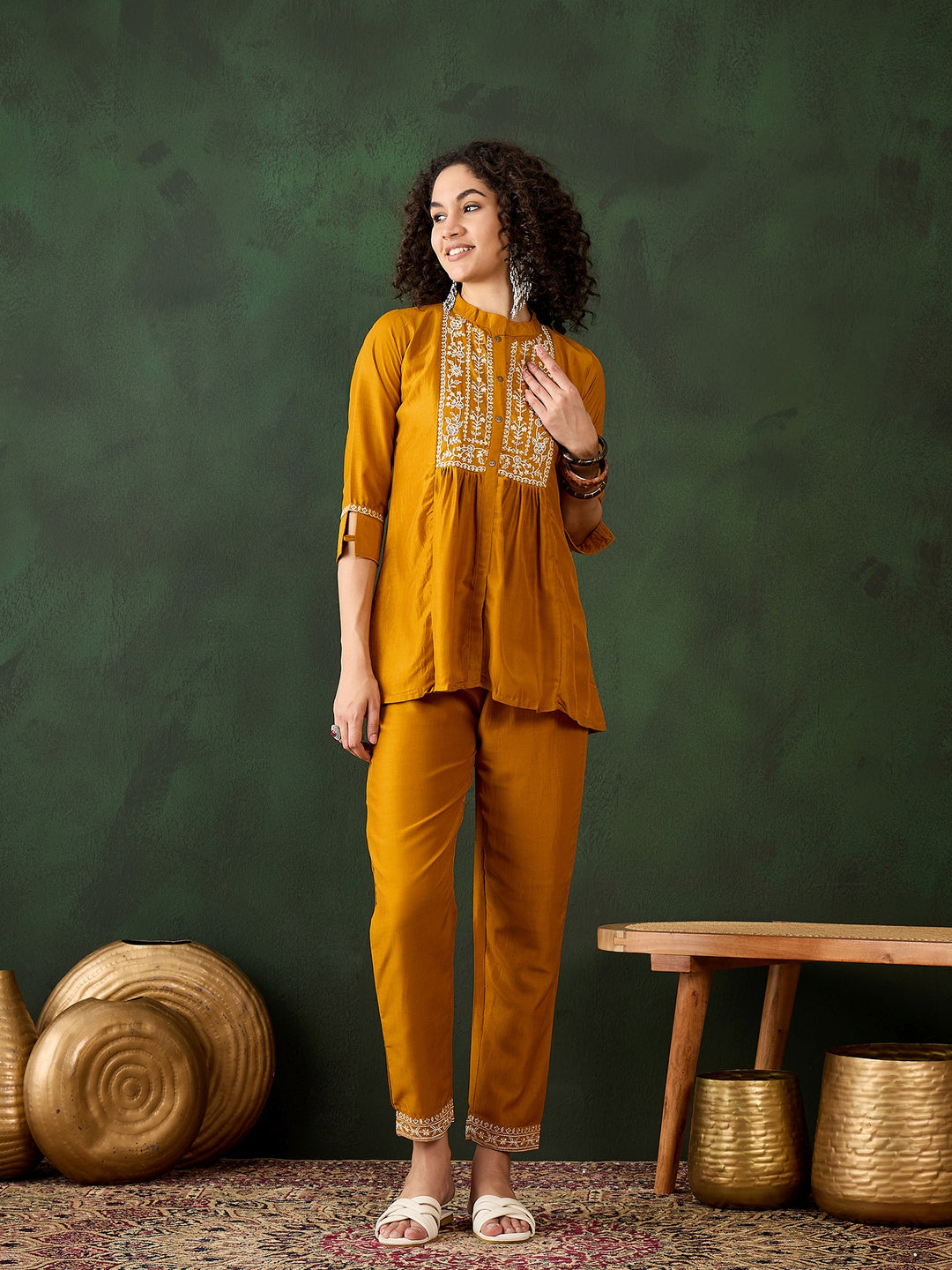 Mustard Chinon Co-Ord Set | Designer Embroidered Kurti and Bottom