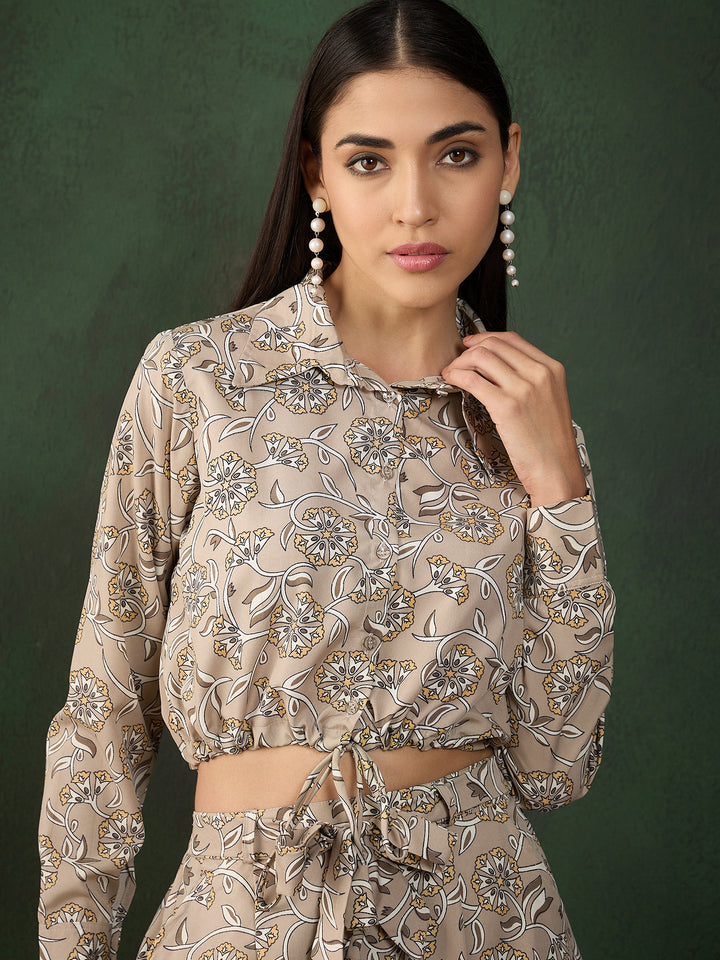 Grey Crepe Co-Ord Set | Designer Printed Kurti and Bottom