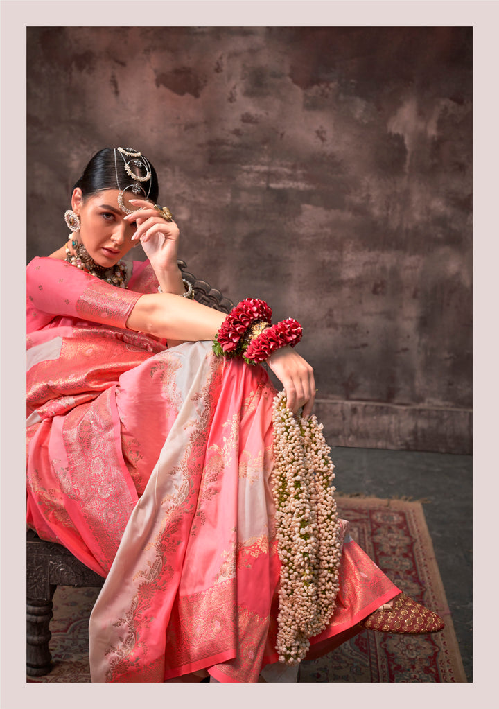 Sophisticated Peach Rangkat Silk Saree with Peach Blouse | A Captivating Traditional Ensemble