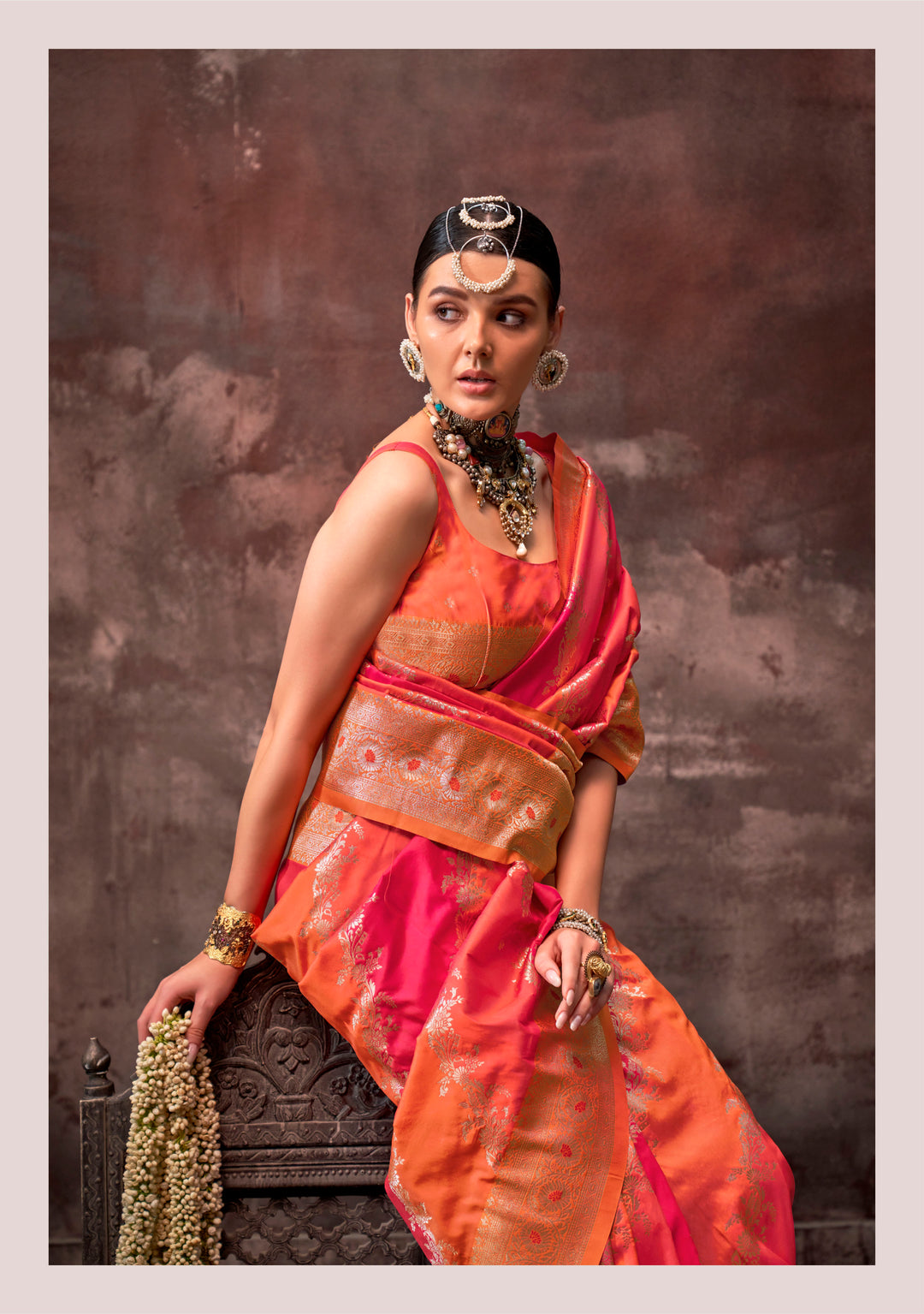 Luxurious Red Rangkat Silk Saree with Orange Blouse | Crafted for Timeless Elegance