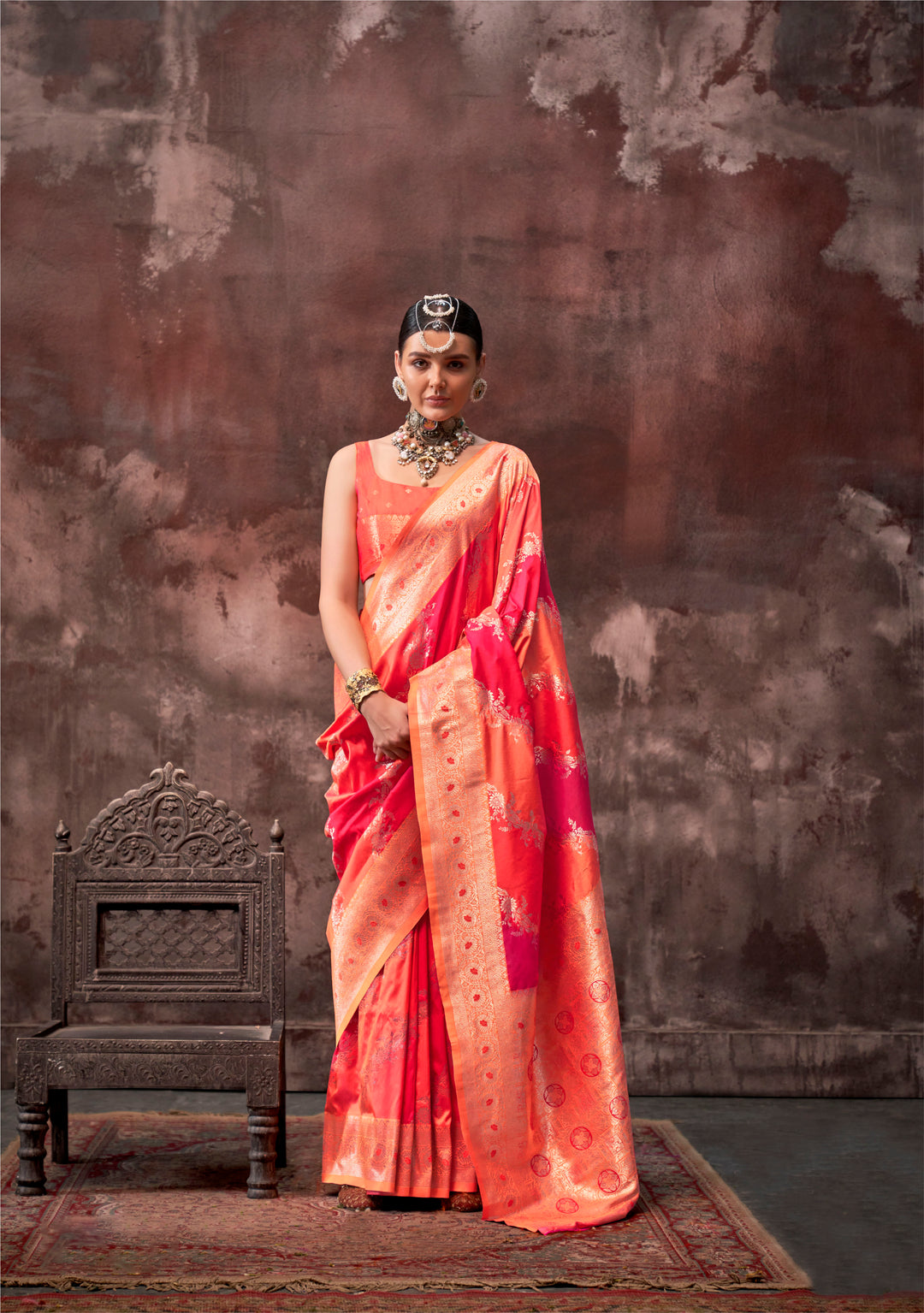 Luxurious Red Rangkat Silk Saree with Orange Blouse | Crafted for Timeless Elegance