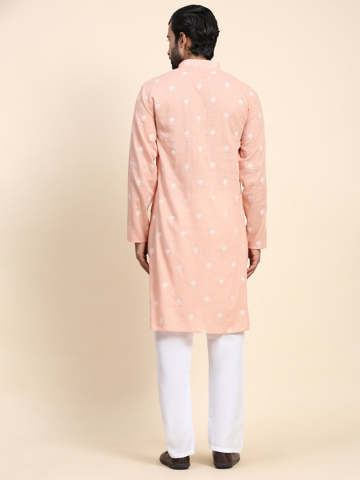 Designer Kurta Pajama Set for Men | Peach Kurta with Embroidery Work