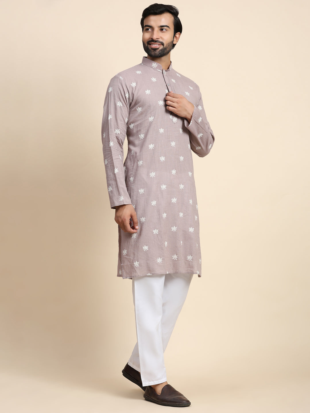 Stylish Mouve Kurta Pajama | Cotton Kurta with Embroidered Art Silk Bottom