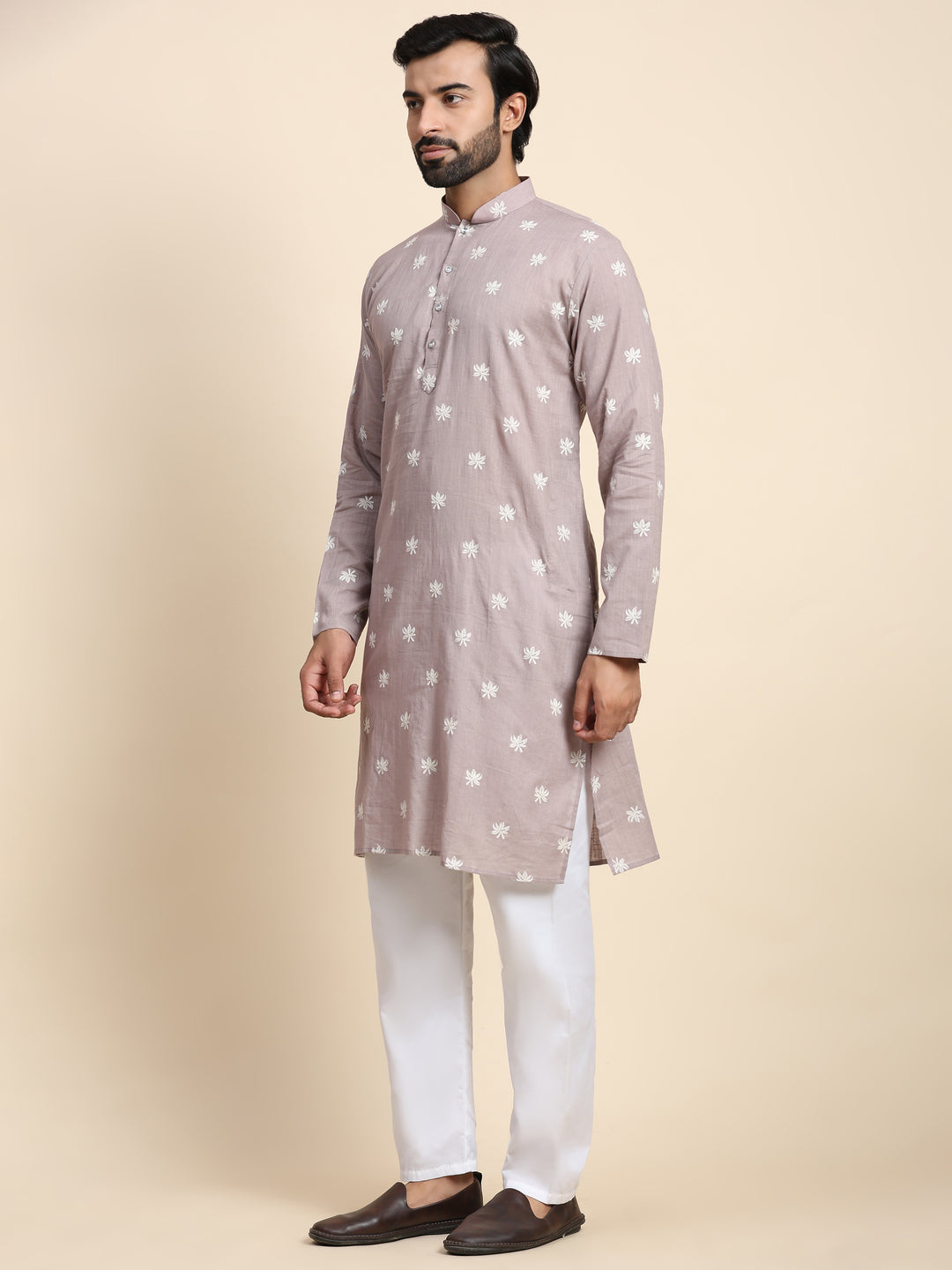 Stylish Mouve Kurta Pajama | Cotton Kurta with Embroidered Art Silk Bottom