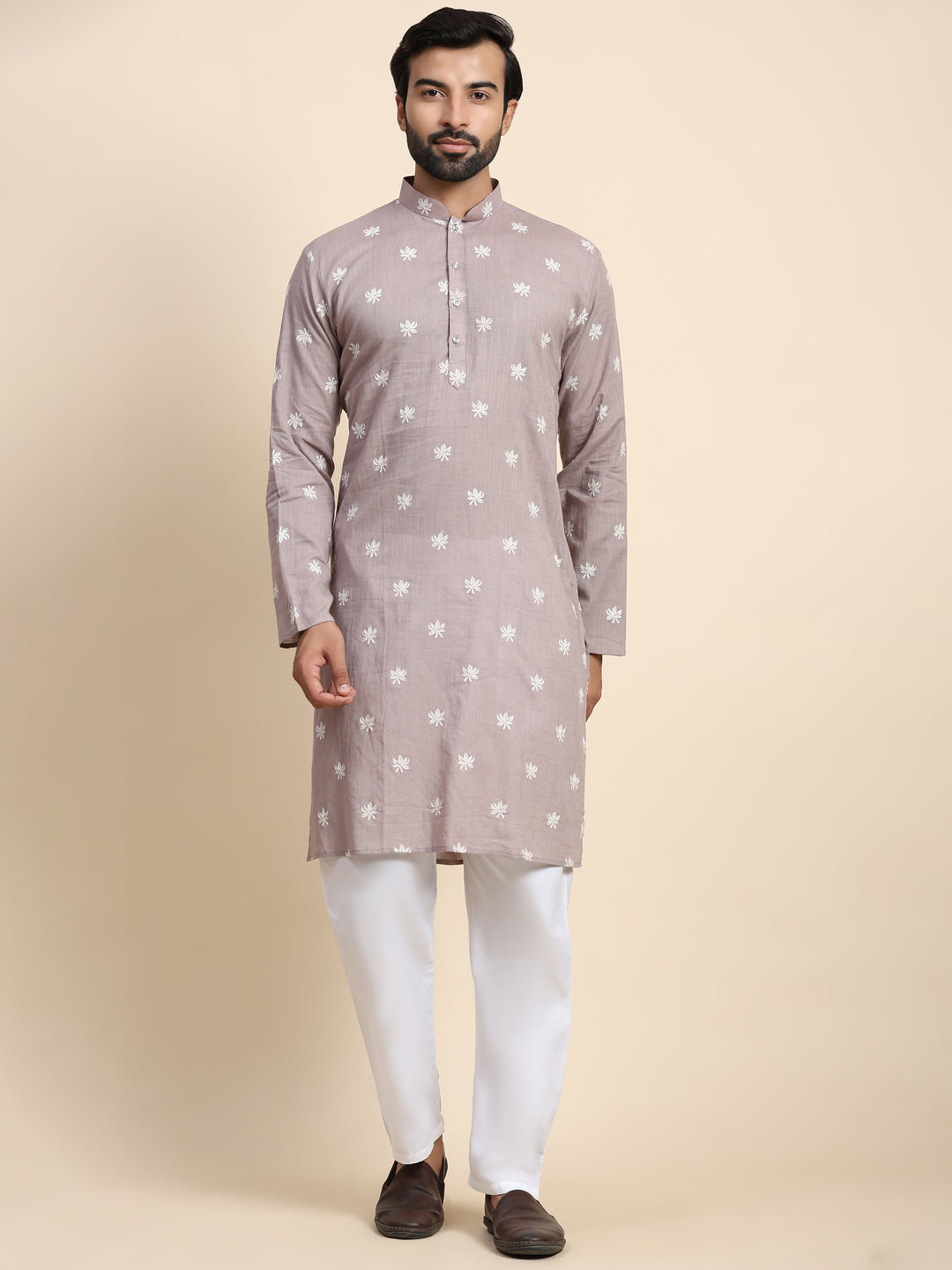 Stylish Mouve Kurta Pajama | Cotton Kurta with Embroidered Art Silk Bottom