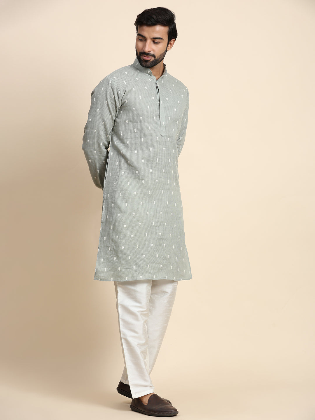 Stylish Light Olive Green Kurta Pajama | Embroidered Cotton & Art Silk Bottom