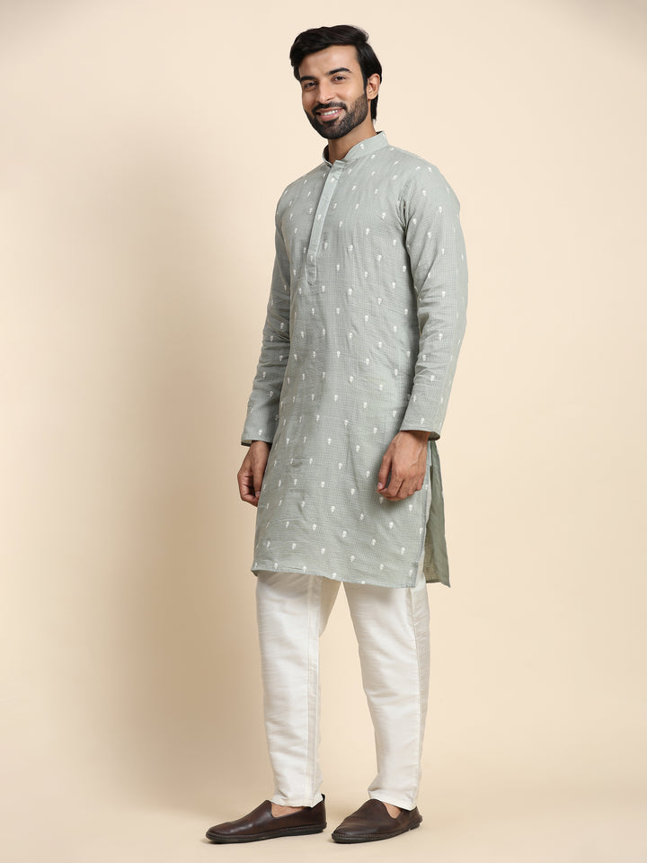 Stylish Light Olive Green Kurta Pajama | Embroidered Cotton & Art Silk Bottom