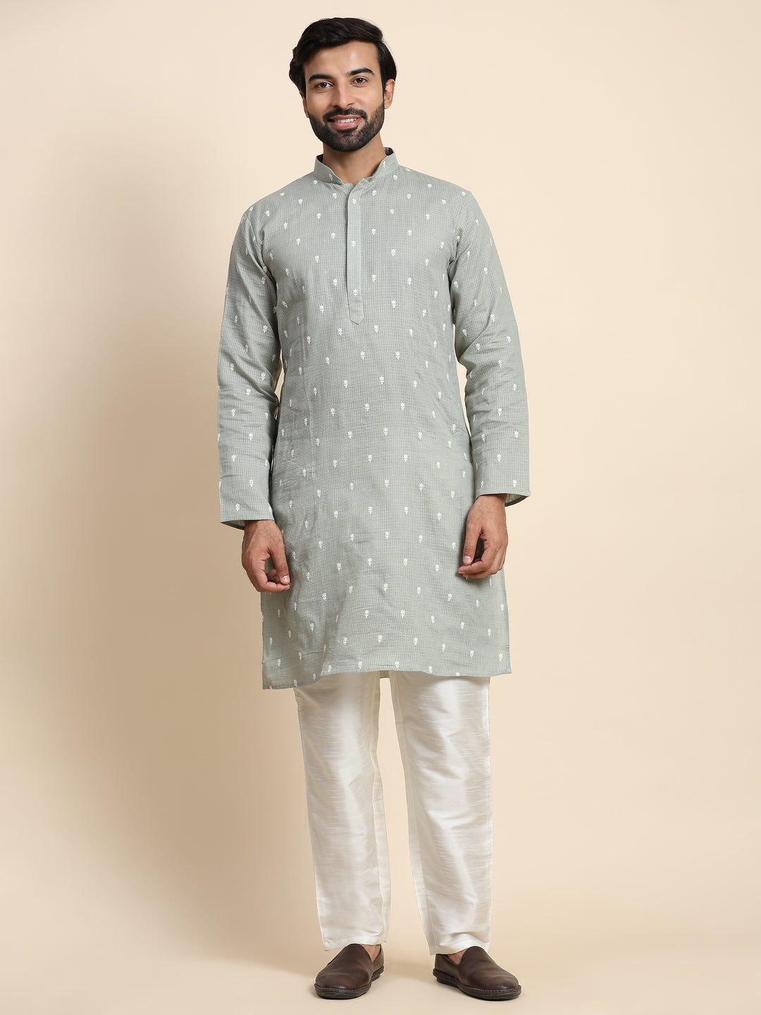 Stylish Light Olive Green Kurta Pajama | Embroidered Cotton & Art Silk Bottom