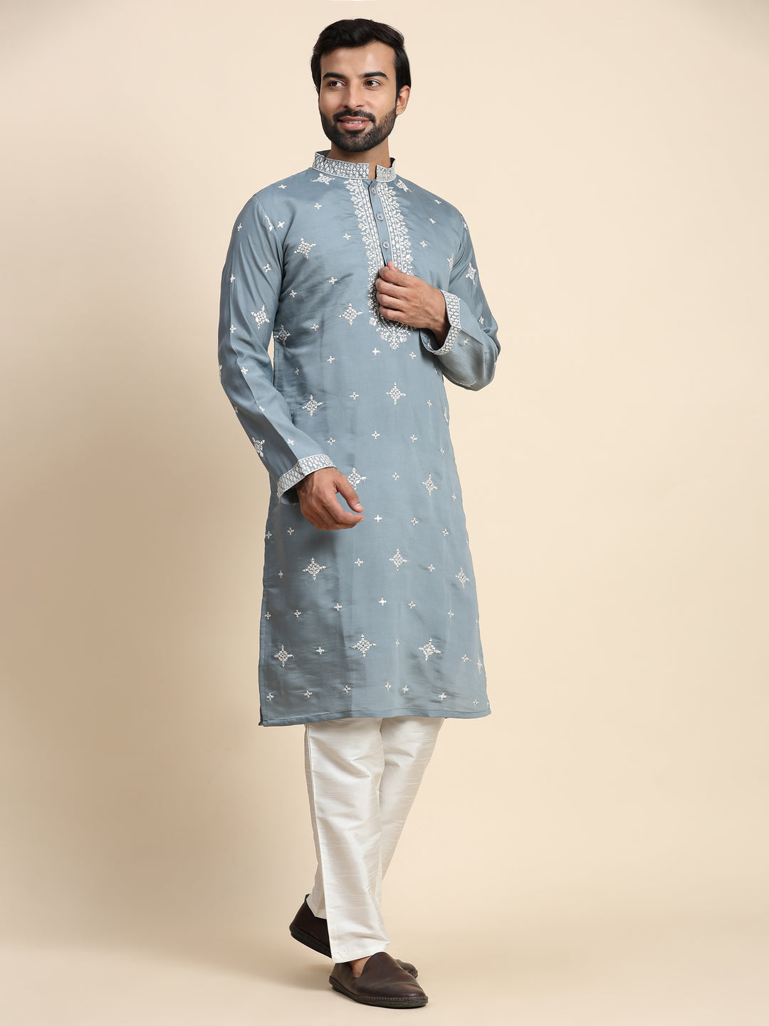 Silver Blue Silk Kurta Set | Traditional Embroidered Kurta for Men