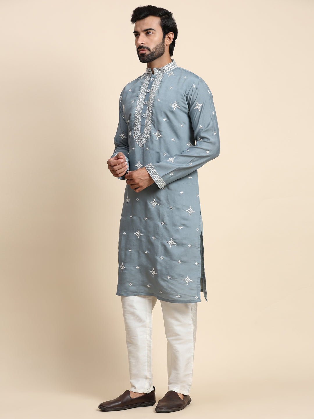 Silver Blue Silk Kurta Set | Traditional Embroidered Kurta for Men