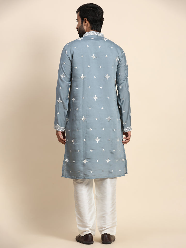 Silver Blue Silk Kurta Set | Traditional Embroidered Kurta for Men