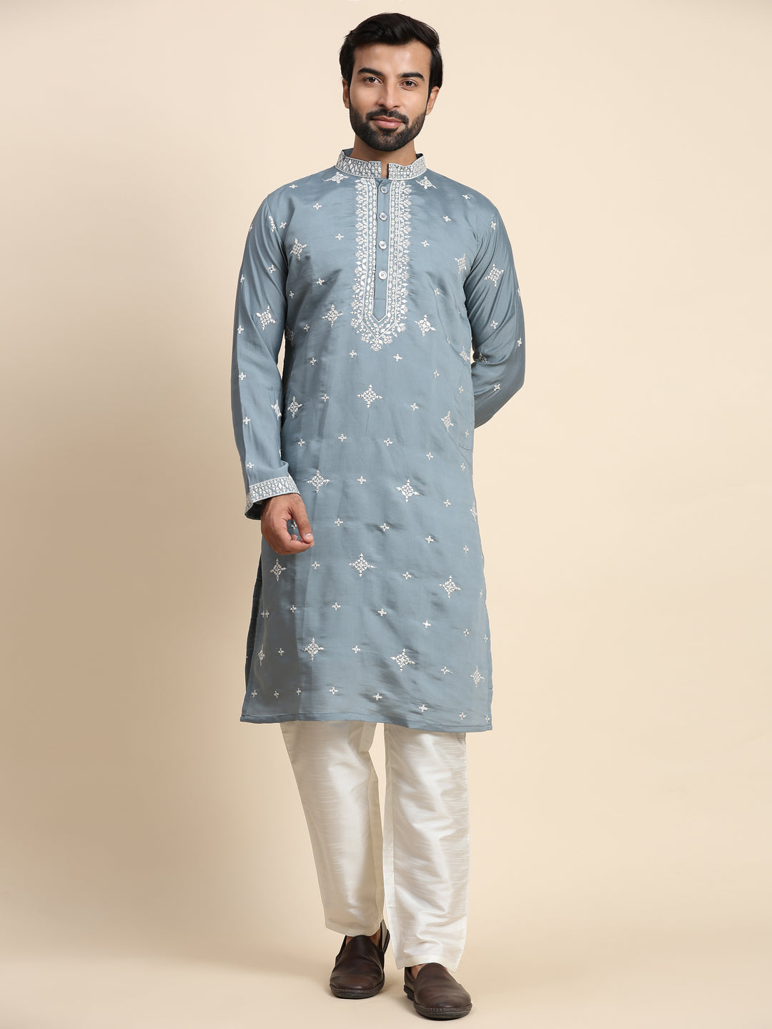 Silver Blue Silk Kurta Set | Traditional Embroidered Kurta for Men