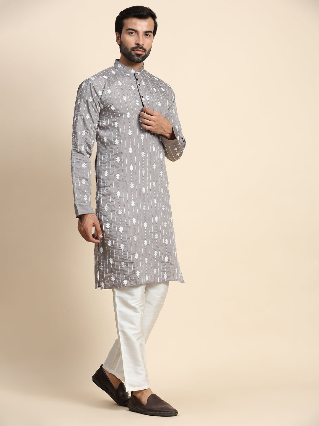 Men’s Designer Grey Kurta Pajama | Embroidered Viscose Rayon & Art Silk