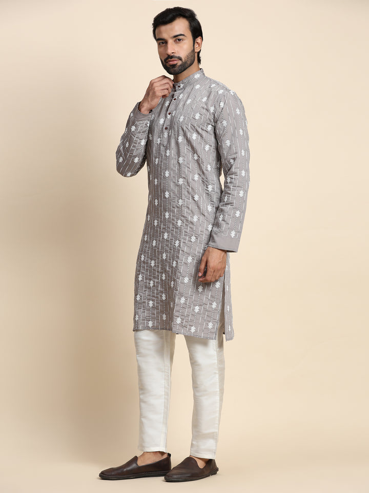 Men’s Designer Grey Kurta Pajama | Embroidered Viscose Rayon & Art Silk