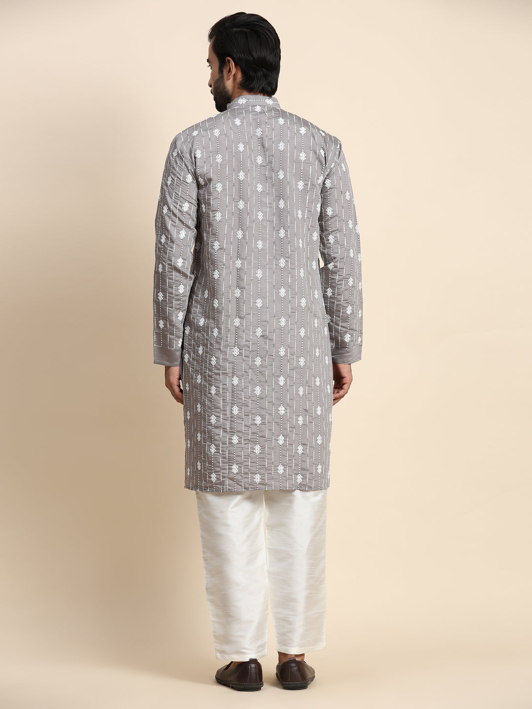 Men’s Designer Grey Kurta Pajama | Embroidered Viscose Rayon & Art Silk