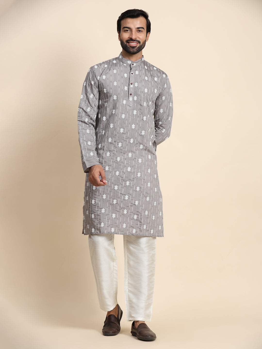 Men’s Designer Grey Kurta Pajama | Embroidered Viscose Rayon & Art Silk