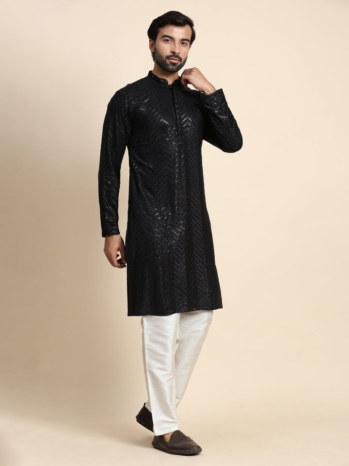 Elegant Black Kurta Pajama Set | Cotton Kurta & Art Silk Bottom with Embroidery