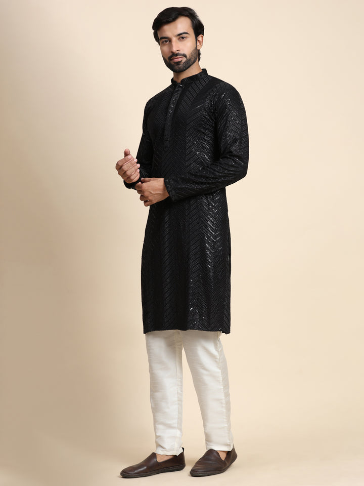 Elegant Black Kurta Pajama Set | Cotton Kurta & Art Silk Bottom with Embroidery