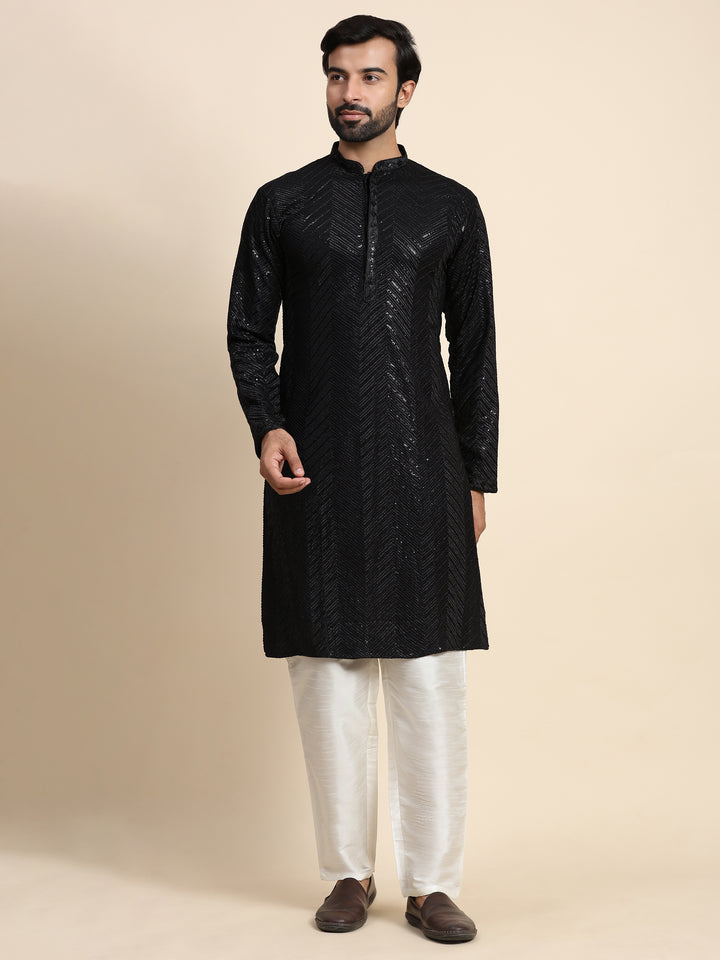 Elegant Black Kurta Pajama Set | Cotton Kurta & Art Silk Bottom with Embroidery