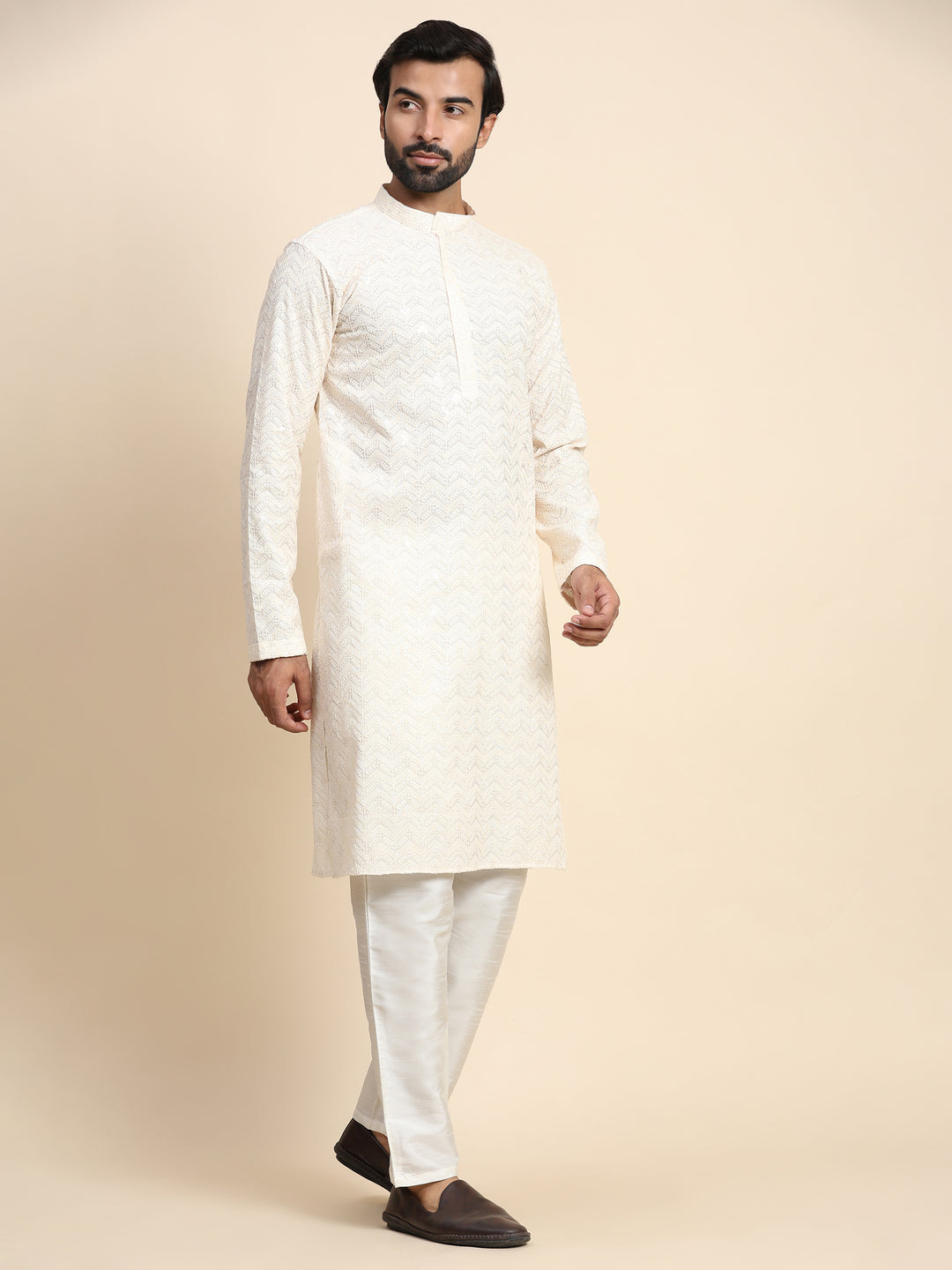 Cream Kurta Set for Men | Designer Chikankari Embroidered Kurta Pajama