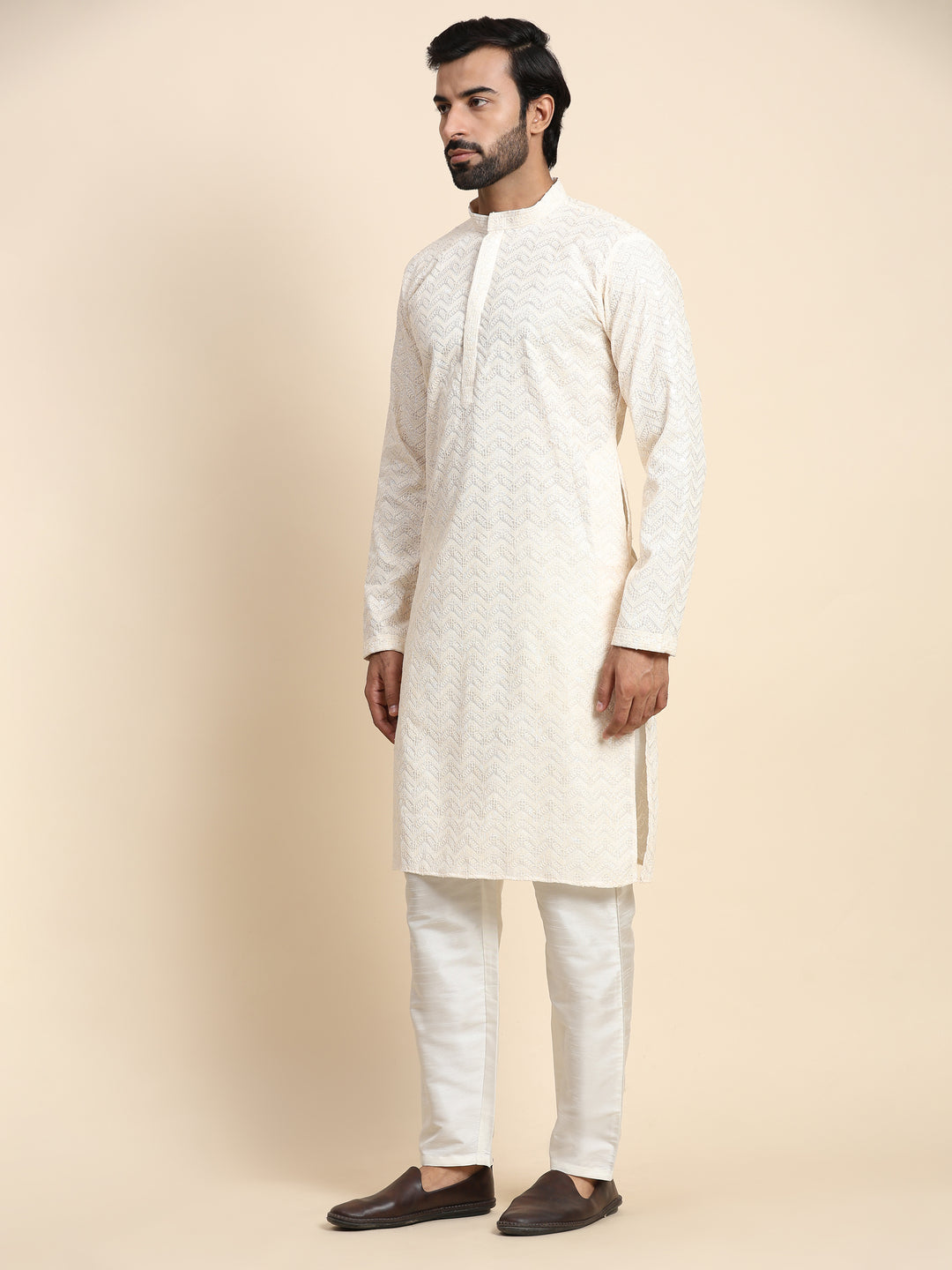 Cream Kurta Set for Men | Designer Chikankari Embroidered Kurta Pajama