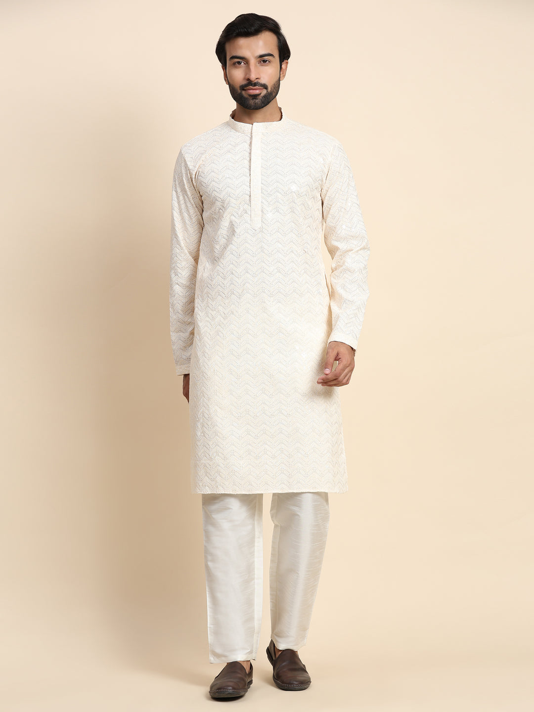 Cream Kurta Set for Men | Designer Chikankari Embroidered Kurta Pajama