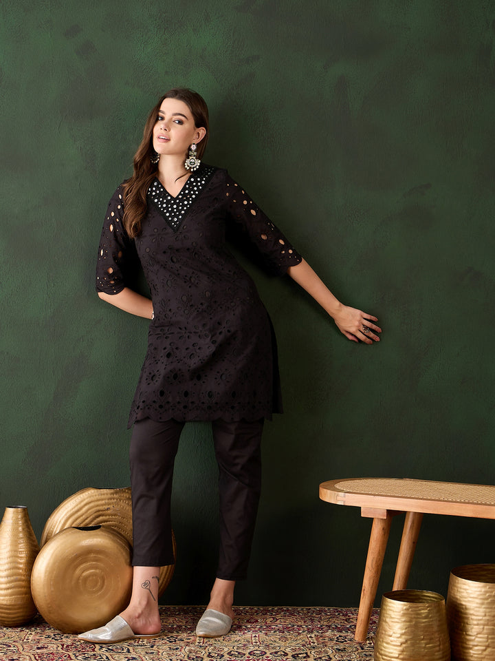 Stylish Black Cotton Salwar Kameez with Eyelet Detailing | Elegant Ethnic Wear for Women