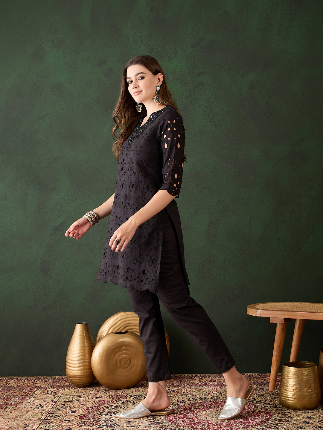 Stylish Black Cotton Salwar Kameez with Eyelet Detailing | Elegant Ethnic Wear for Women