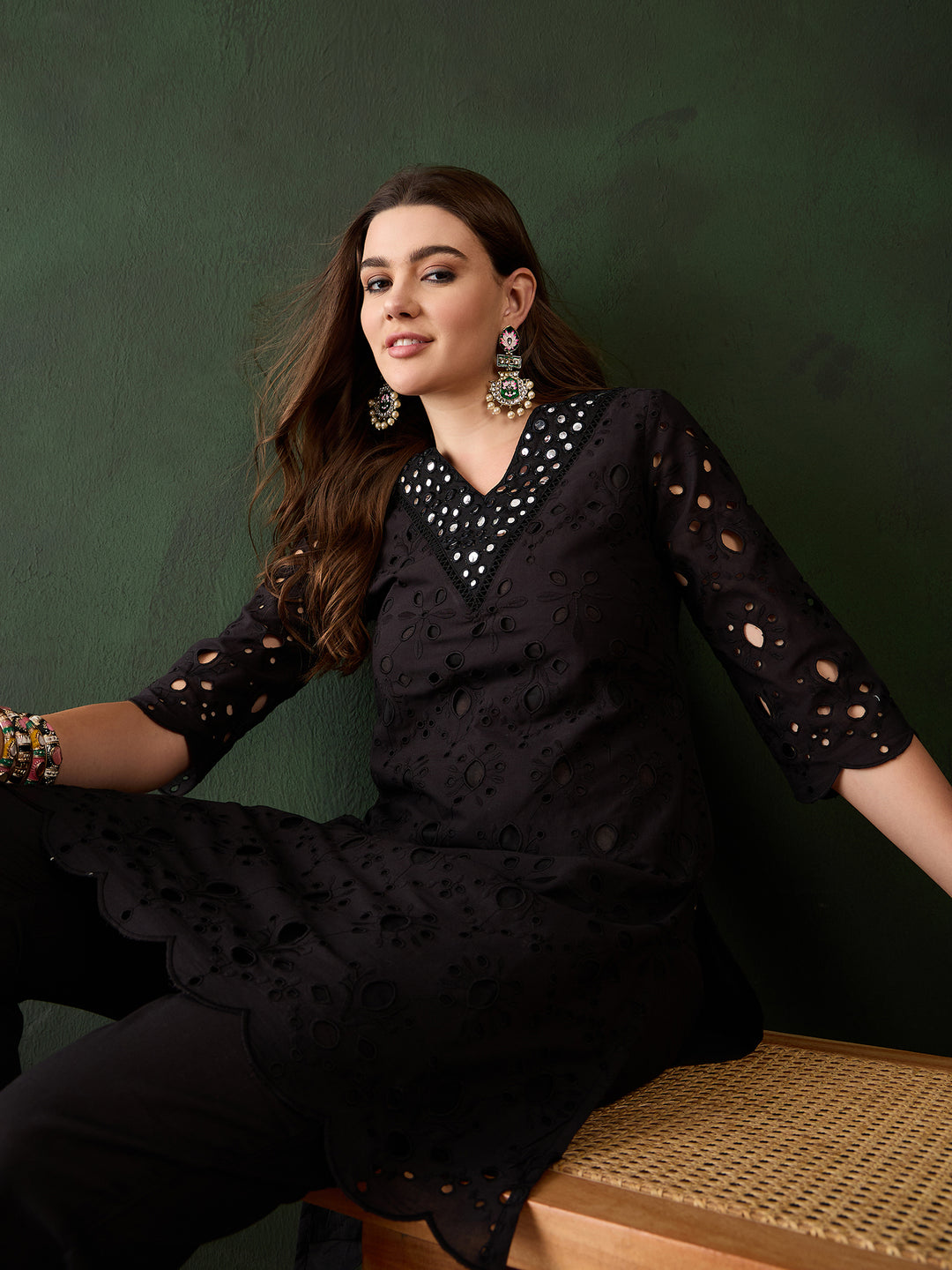 Stylish Black Cotton Salwar Kameez with Eyelet Detailing | Elegant Ethnic Wear for Women