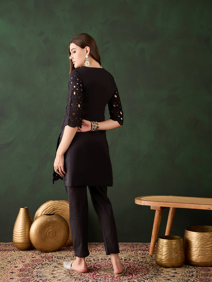 Stylish Black Cotton Salwar Kameez with Eyelet Detailing | Elegant Ethnic Wear for Women