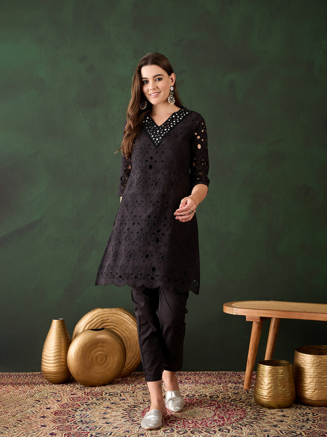 Stylish Black Cotton Salwar Kameez with Eyelet Detailing | Elegant Ethnic Wear for Women