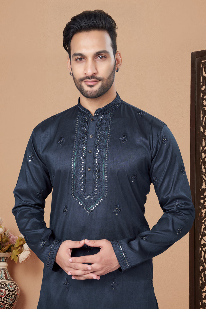 Men's Designer Kurta in Silk with Raymond Cotton Payjama | Embroidered Style