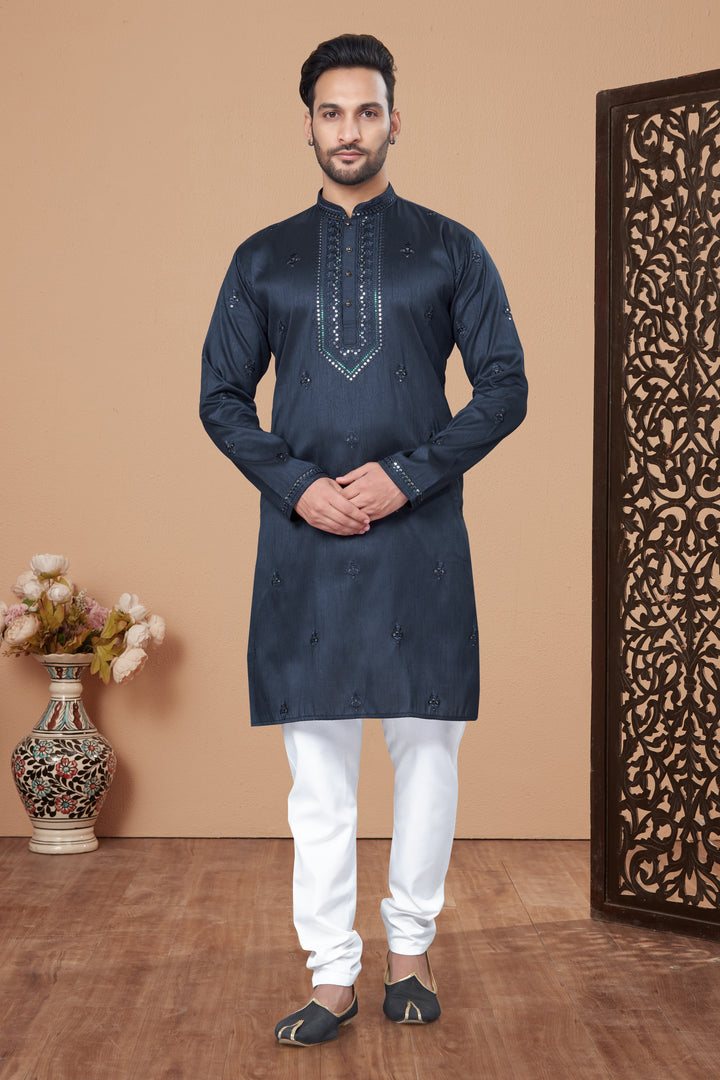 Men's Designer Kurta in Silk with Raymond Cotton Payjama | Embroidered Style