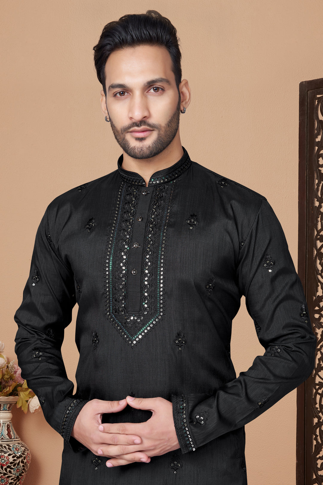 Men's Designer Kurta in Silk with Raymond Cotton Payjama | Embroidered Style